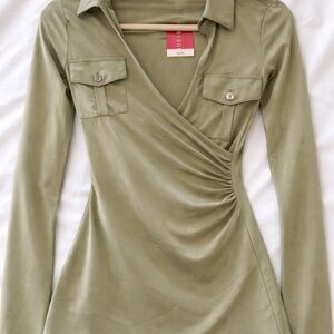 Guess Olive Wrap-Front Long Sleeve Blouse